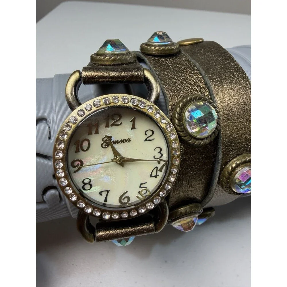 Geneva Wrap Around Bracelet Watch Bronze Rhinestone 29.8mm